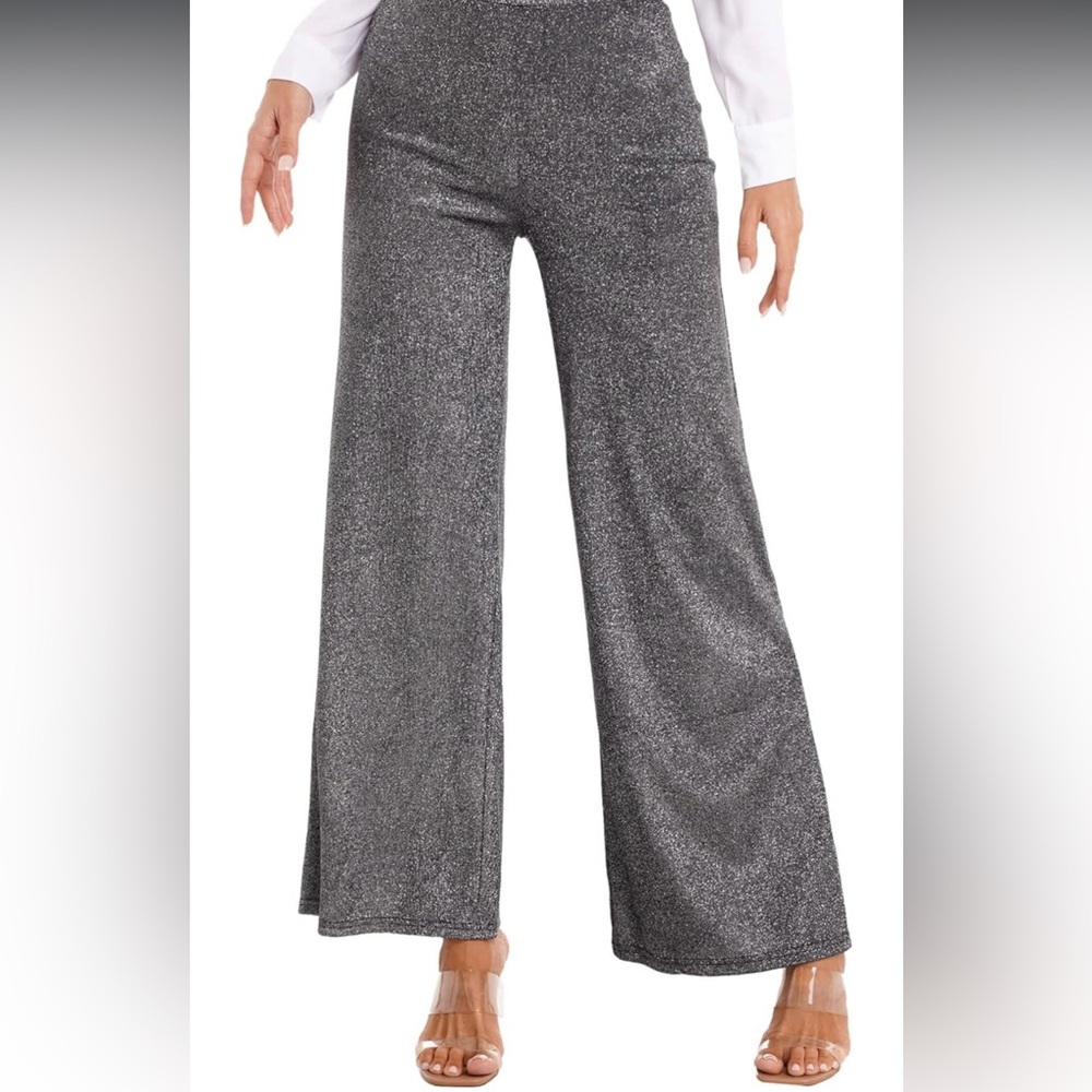 NWT Black Slink Lurex Pull-On Elastic Waist Wide Leg Cocktail Pant Size L